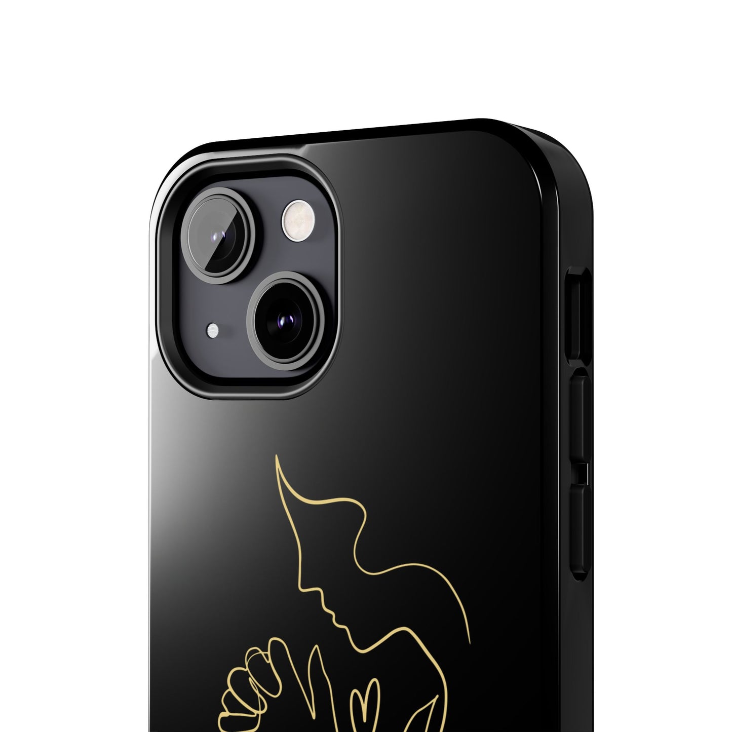 Black phone case with gold minimalist Christian praying figure design