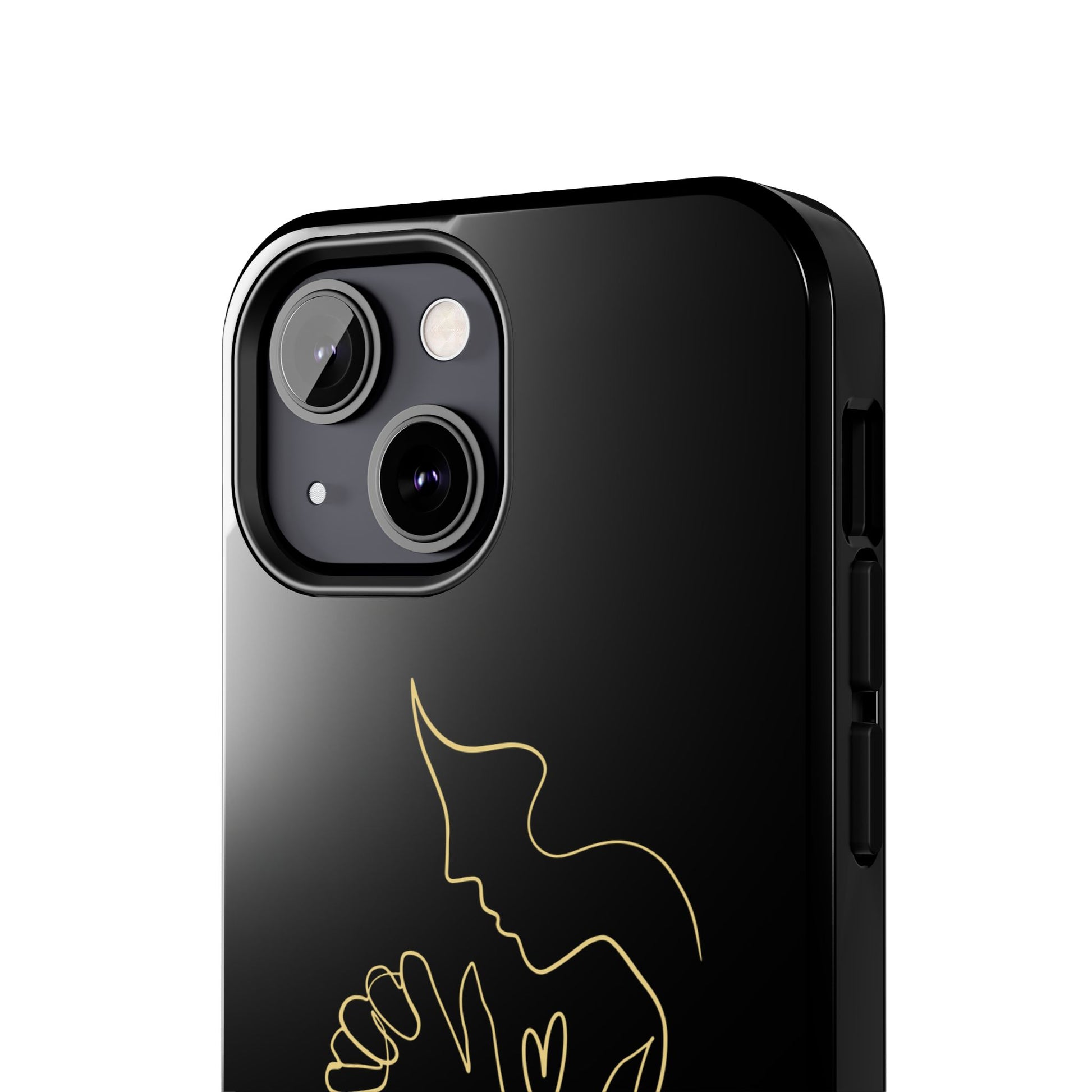 Black phone case with gold minimalist Christian praying figure design