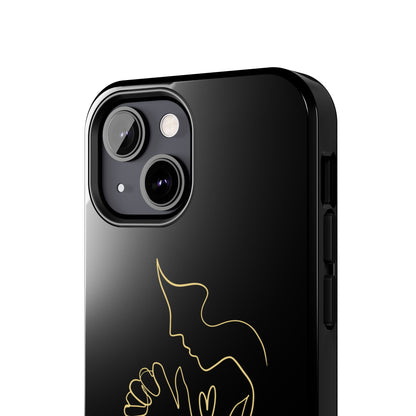 Black phone case with gold minimalist Christian praying figure design