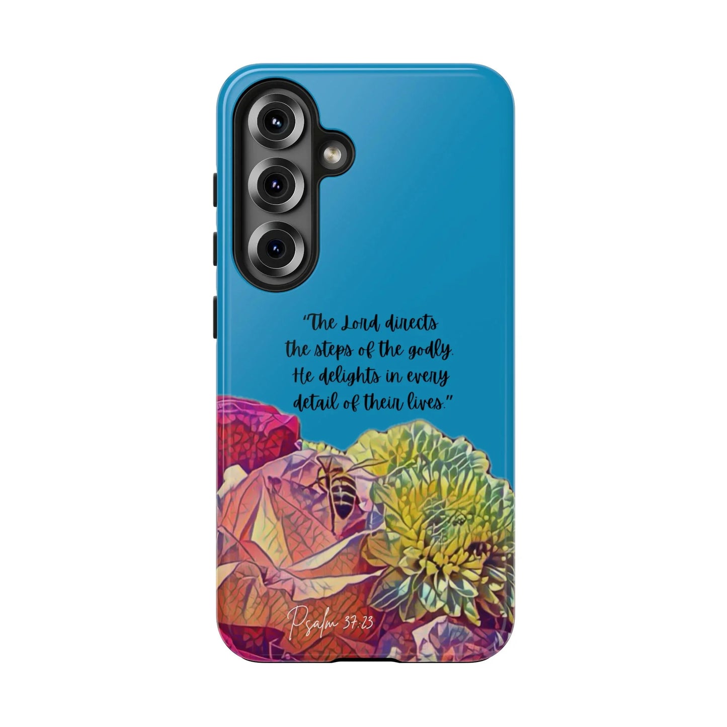 Blue Christian phone case with Psalm 37:23, colorful flowers, inspirational gift