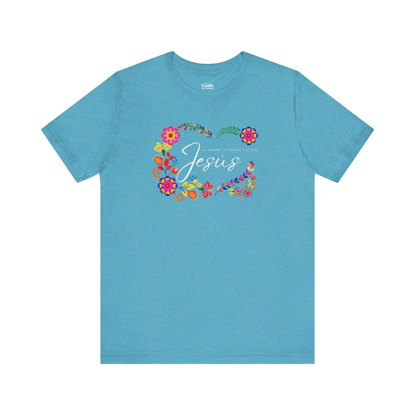 Blue Christian t-shirt with floral design and Spanish text 'Jesús, el camino, la verdad y la vida'.