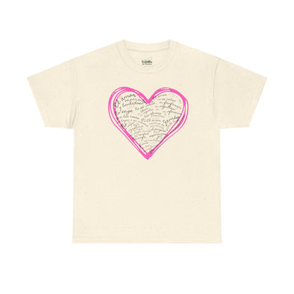 Camiseta Cristiana de Amor Bíblico Unisexo - Christian T-shirt Unisex - 1 Corinthians 13:4-7 Hand-Drawn Heart Design - Somos Semilla De Mostaza