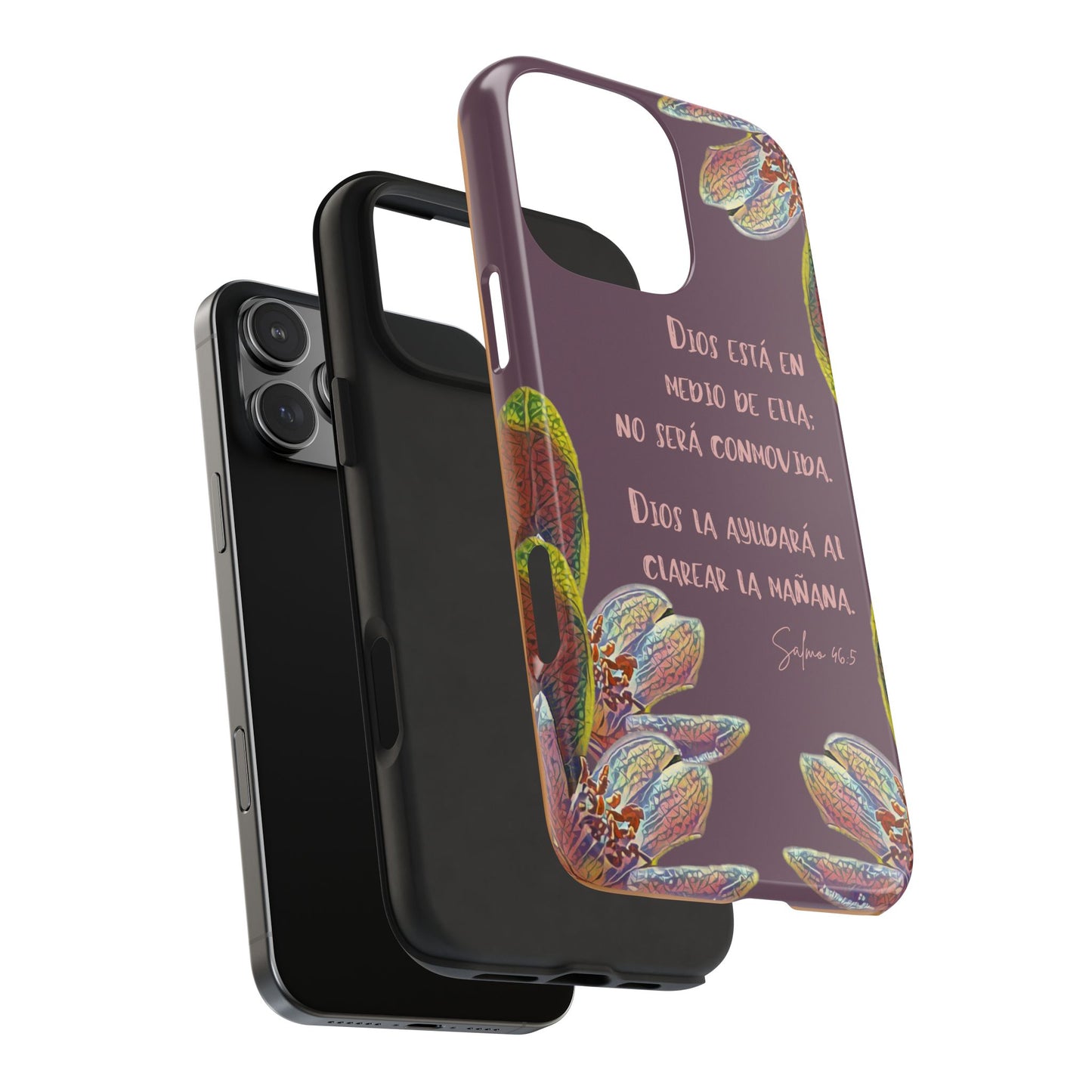 Floral Christian phone case with Spanish Bible verse, modern design, inspirational accessory