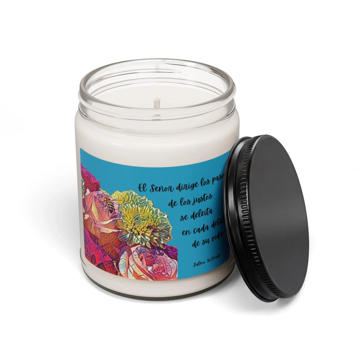 Christian candle with floral label and Spanish Scripture, clear jar with black lid
