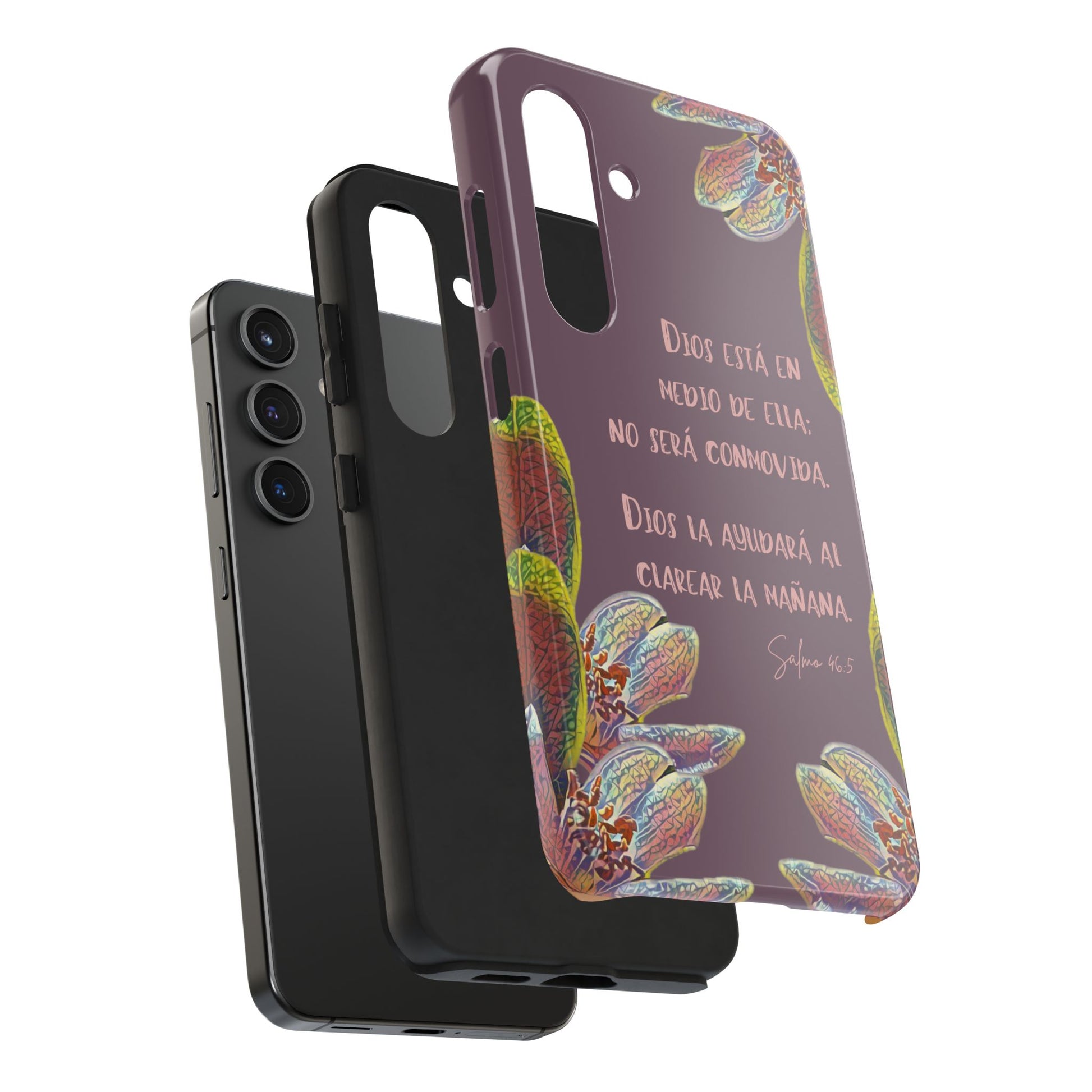 Christian phone case with Spanish Bible verse and colorful floral design, Psalm 46:5 quote