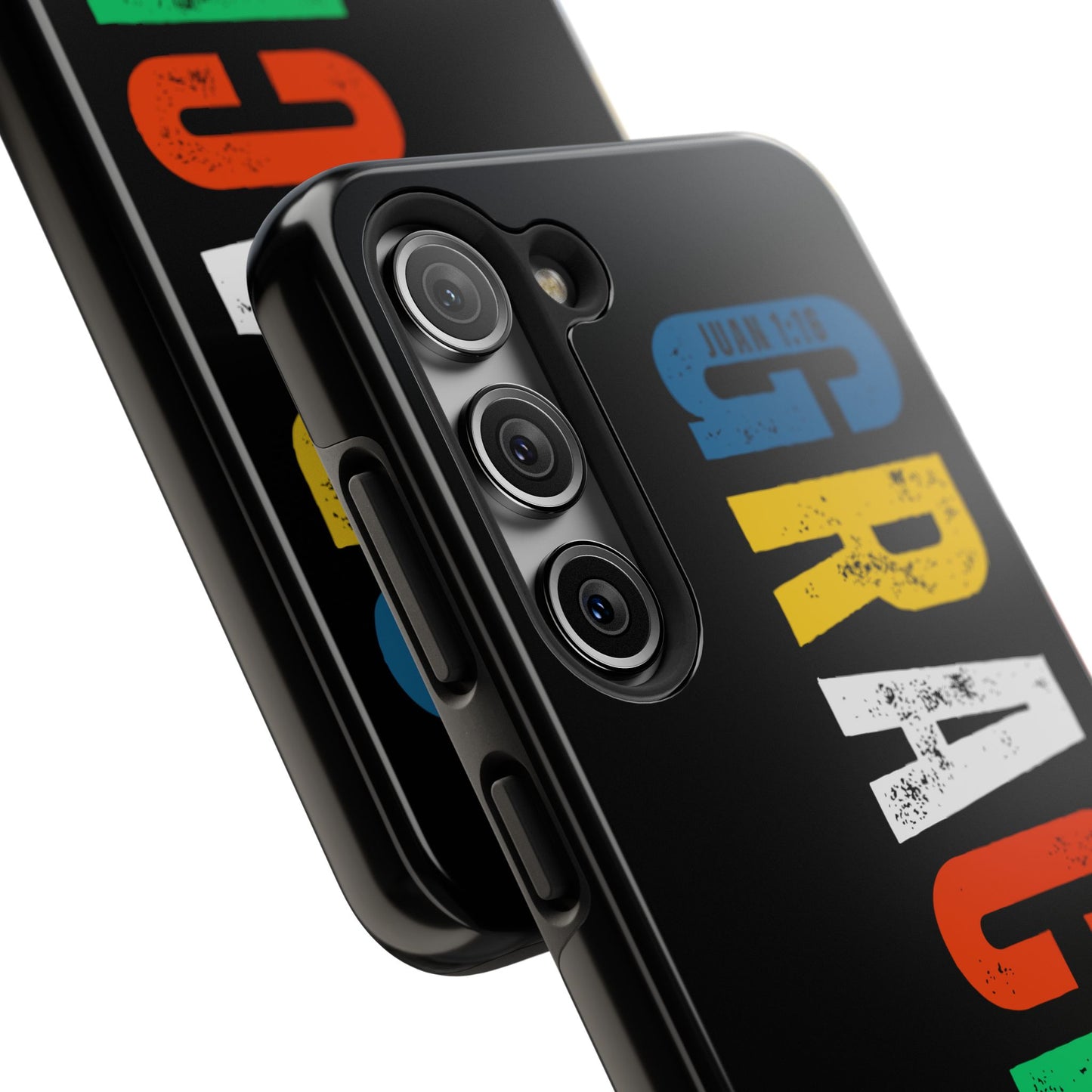 Black phone case with colorful GRACIA lettering and Juan 1:16 Bible verse text