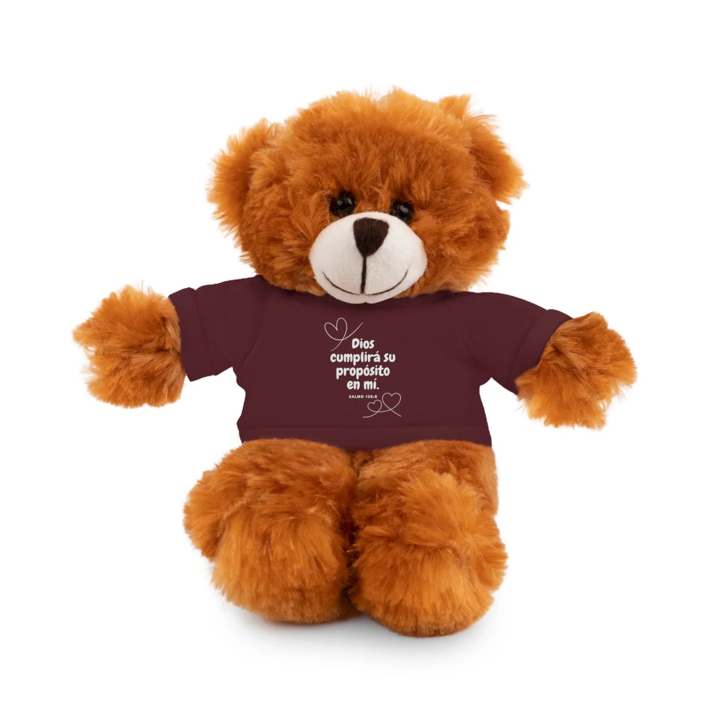 Cute plush teddy bear wearing maroon shirt with Spanish Christian quote and hearts design