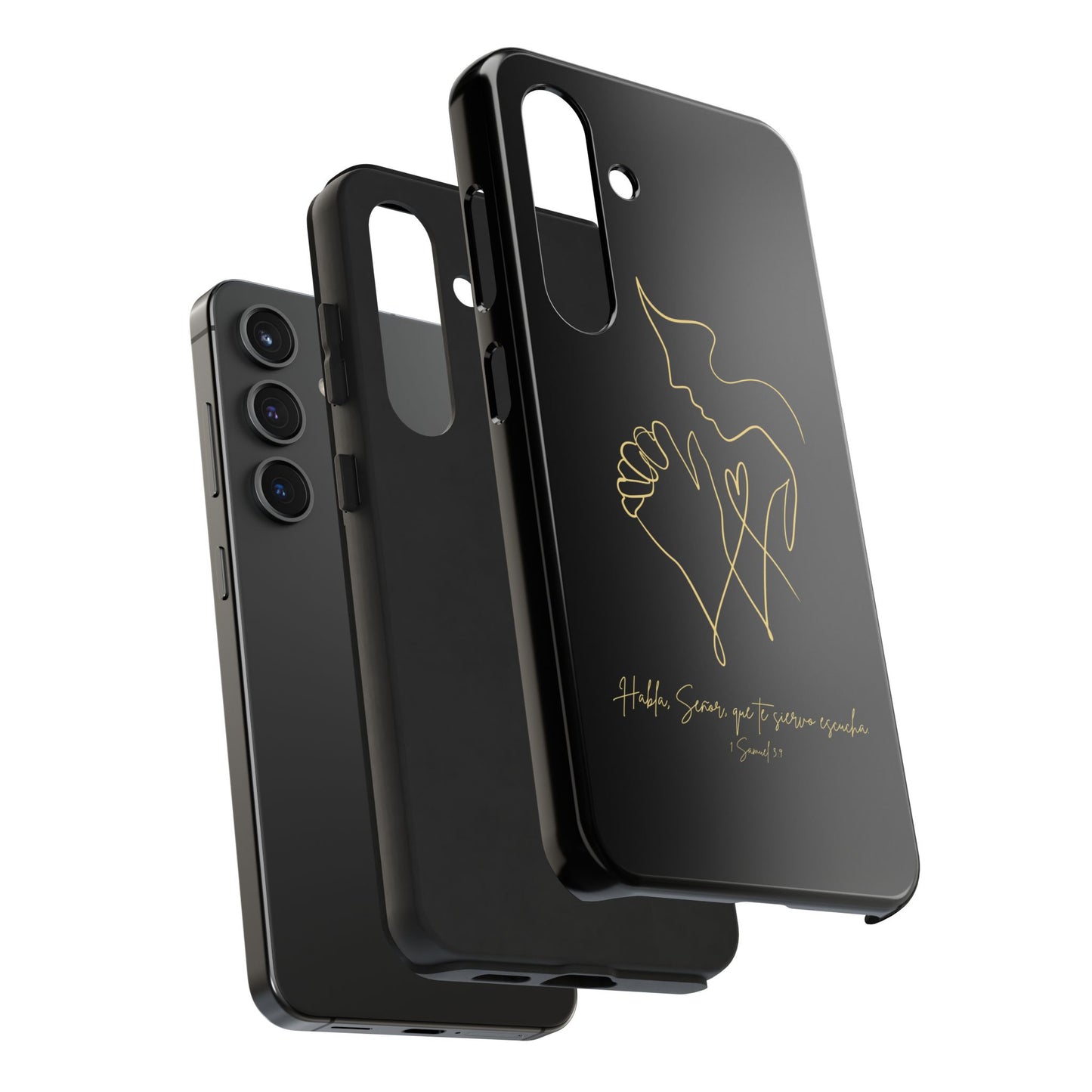 Black Christian phone case with gold outline praying hands and inspirational Scripture text