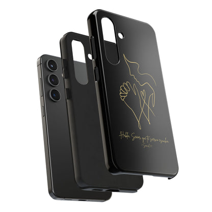 Black Christian phone case with gold outline praying hands and inspirational Scripture text