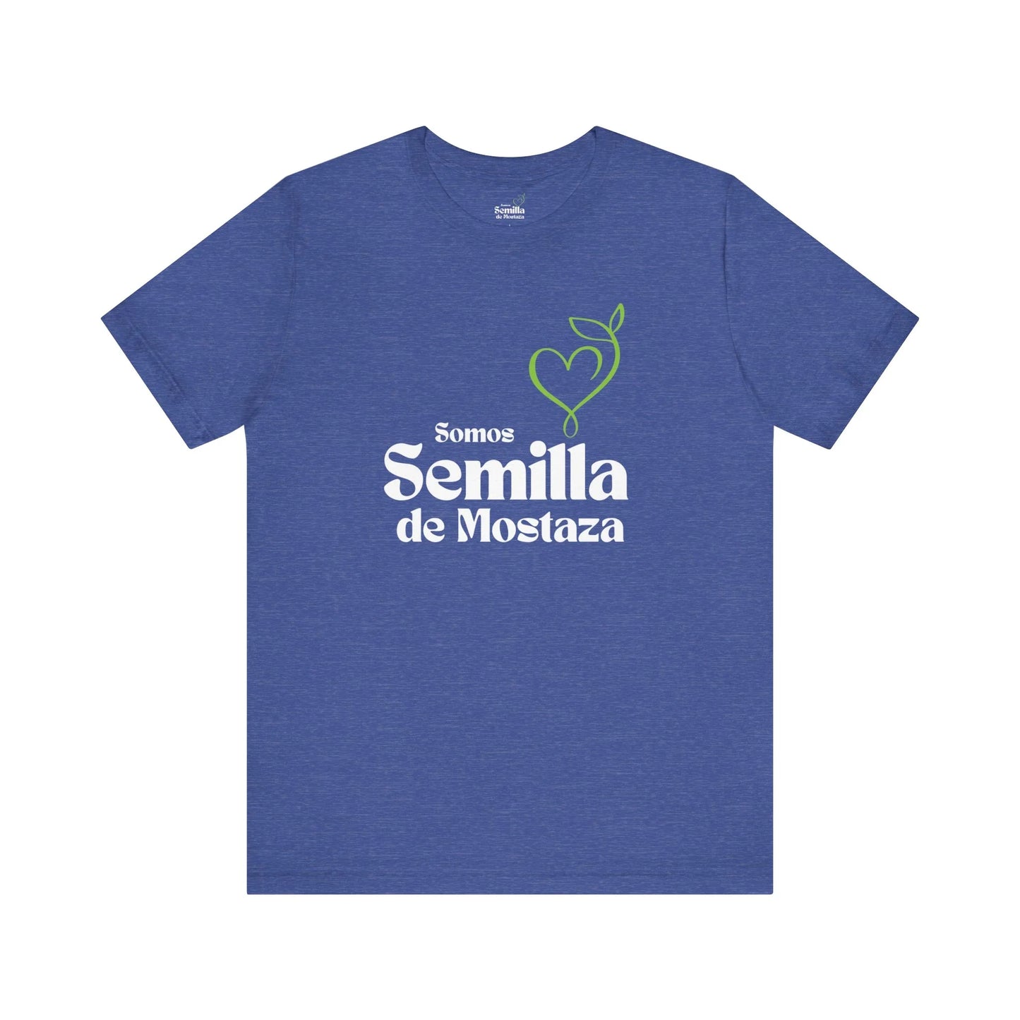 Blue Christian t-shirt with 'Somos Semilla de Mostaza' and a green heart sprout design.