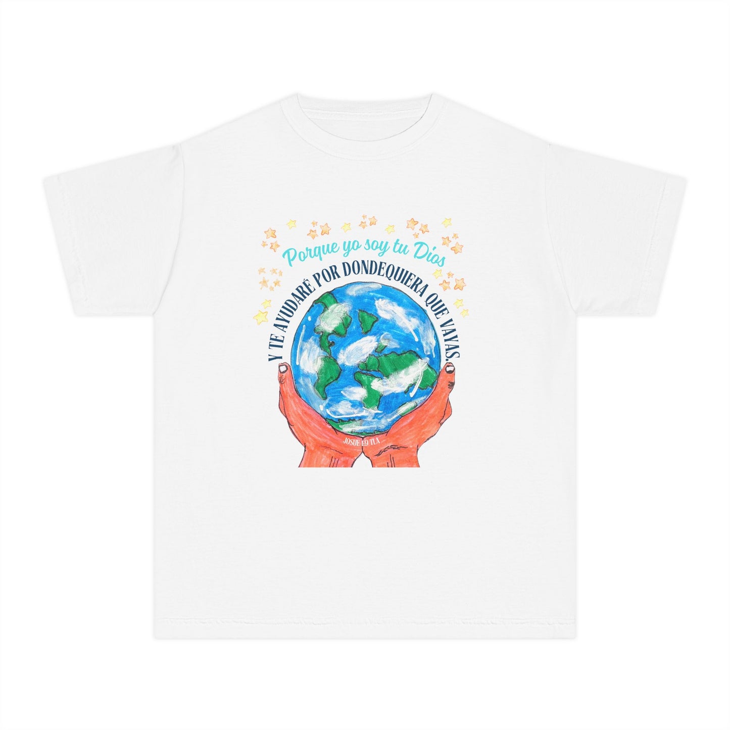 White Christian t-shirt with globe, hands, stars, and Spanish faith-inspired scripture design