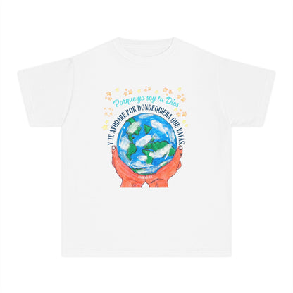 White Christian t-shirt with globe, hands, stars, and Spanish faith-inspired scripture design