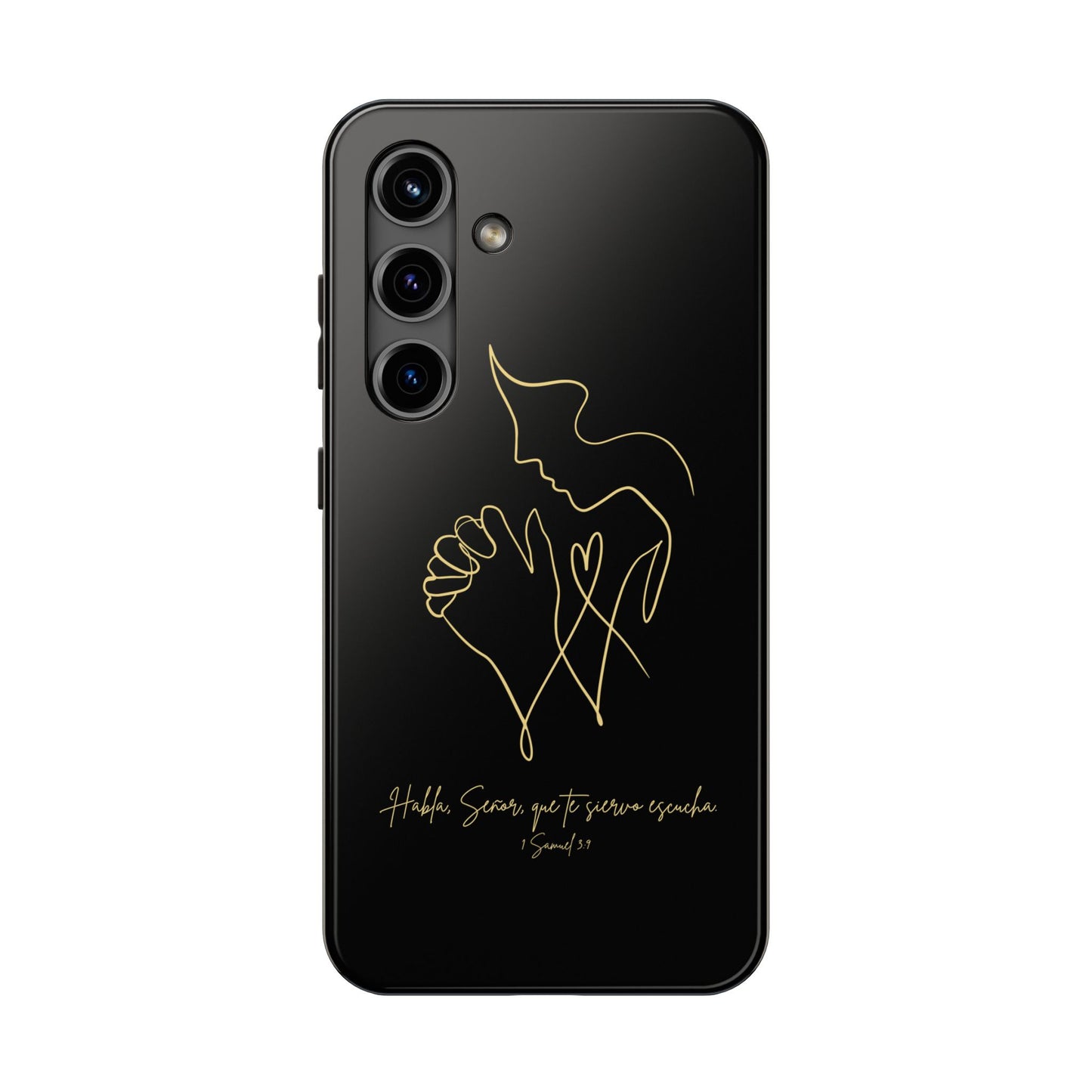Black phone case with gold outline of praying figure and Spanish Bible verse, modern Christian design
