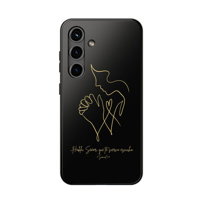 Black phone case with gold outline of praying figure and Spanish Bible verse, modern Christian design