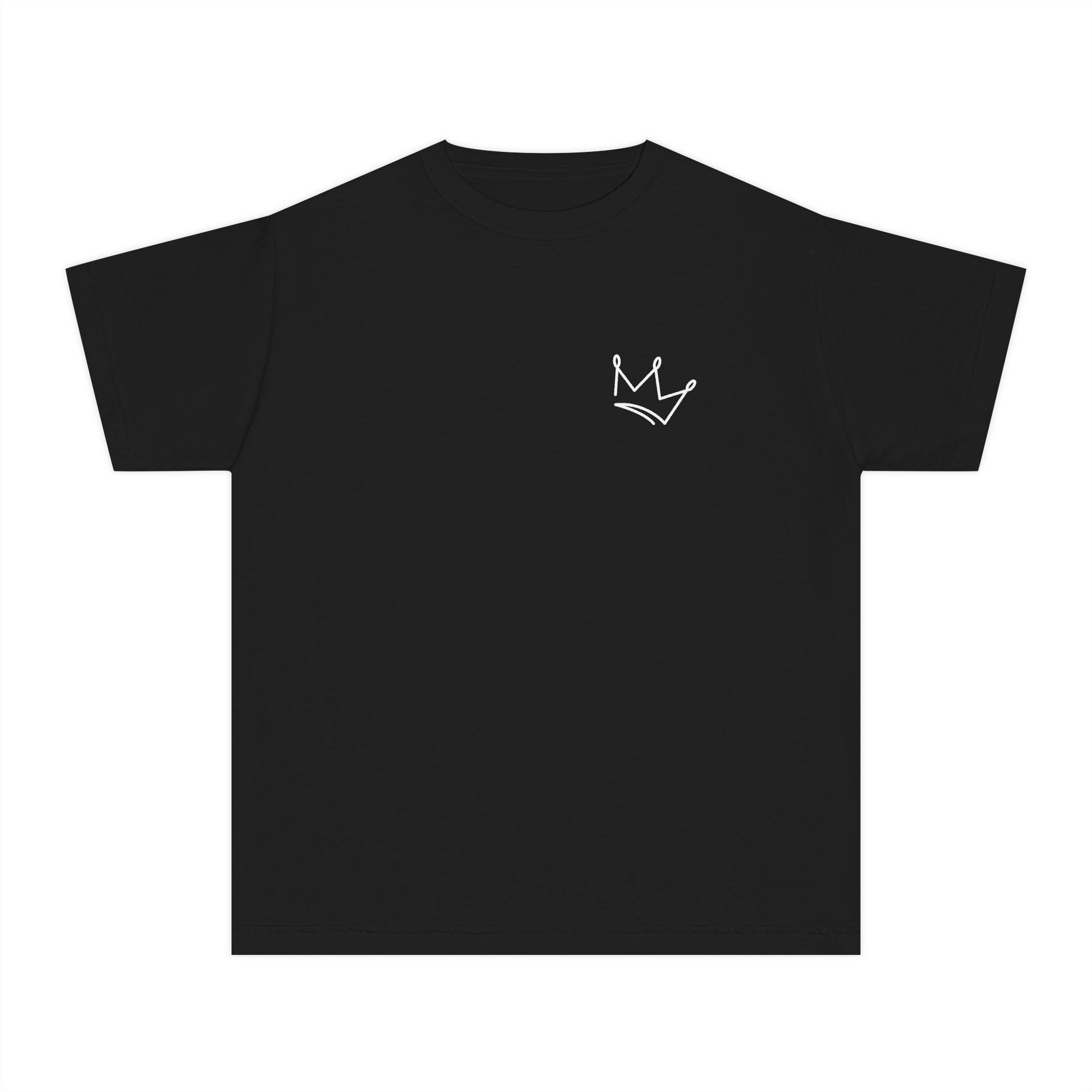 Black Christian t-shirt with white minimalist crown graphic on chest