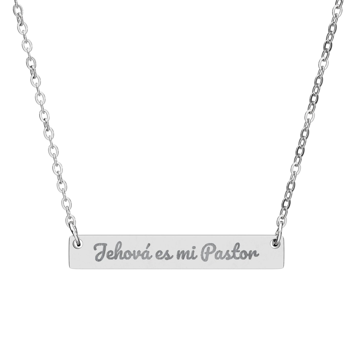 Silver bar necklace with engraved Spanish Christian phrase Jehova es mi Pastor