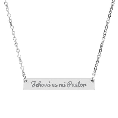 Silver bar necklace with engraved Spanish Christian phrase Jehova es mi Pastor