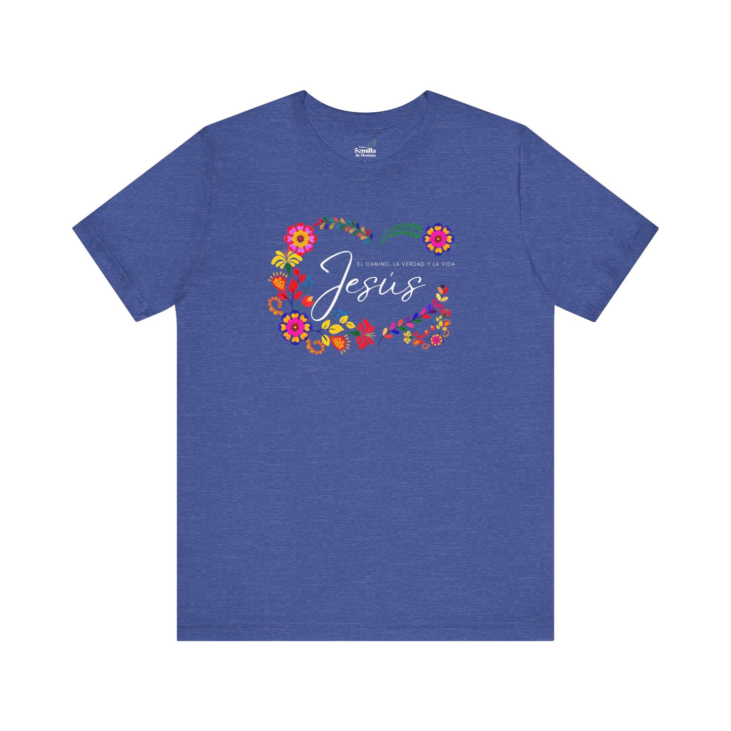 Blue Christian t-shirt with 'Jesus' and Spanish Bible verse, decorated with colorful floral design