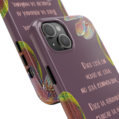 Purple Christian phone case with Spanish Bible verse and colorful leaf designs