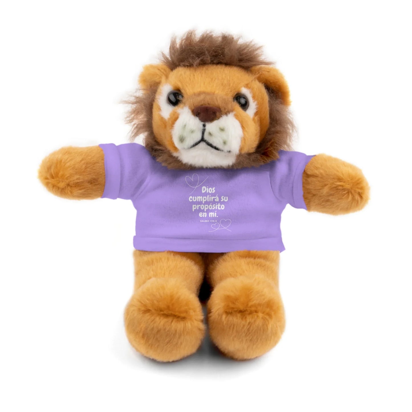 Plush lion toy wearing purple Christian t-shirt with Spanish faith quote and Bible verse.