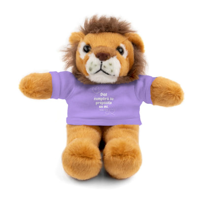 Plush lion toy wearing purple Christian t-shirt with Spanish faith quote and Bible verse.