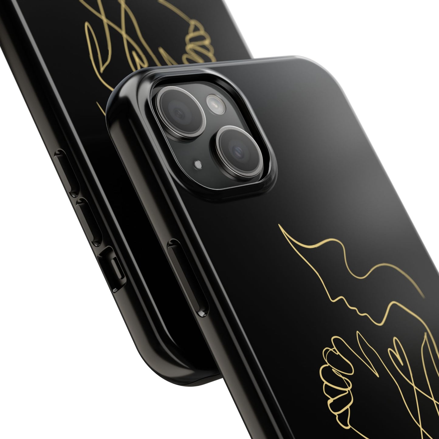 Black phone case with minimalist gold praying figure line art, Christian design