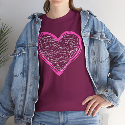 Camiseta Cristiana de Amor Bíblico Unisexo - Christian T-shirt Unisex - 1 Corinthians 13:4-7 Hand-Drawn Heart Design - Somos Semilla De Mostaza