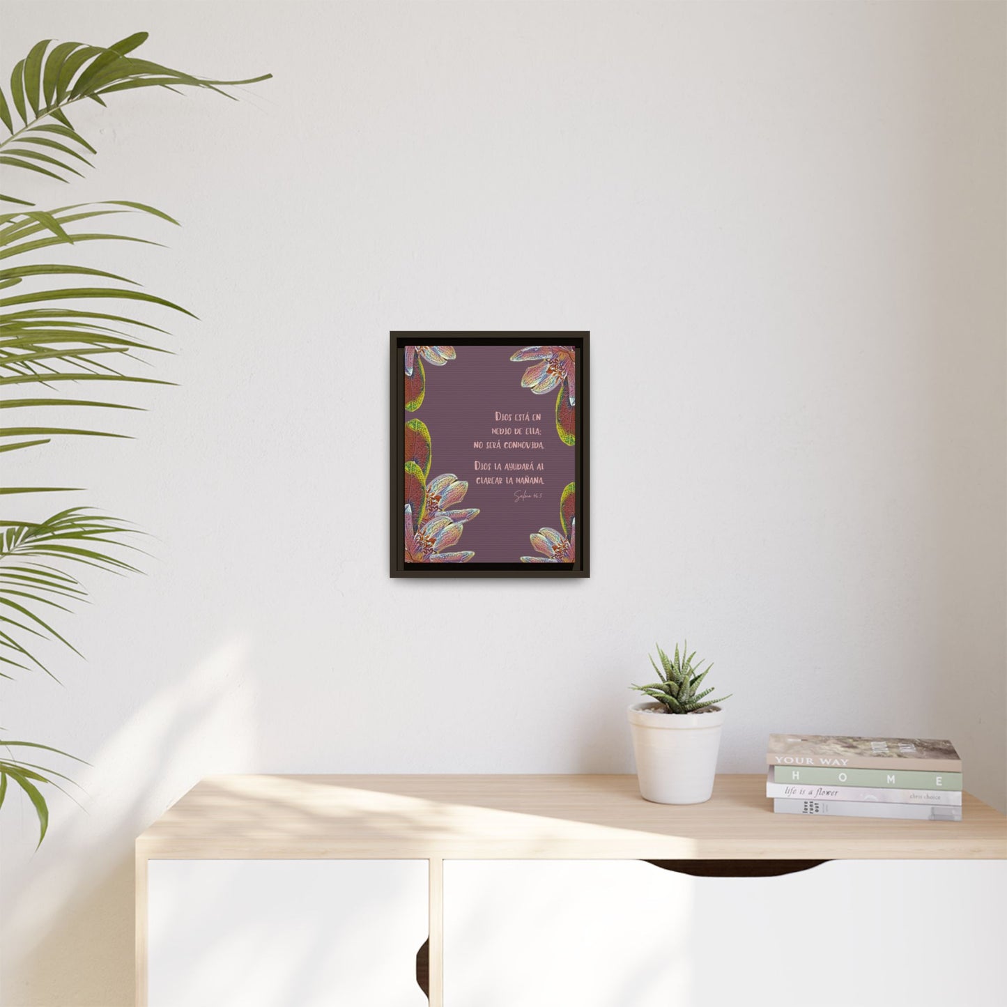 Framed Christian wall art with Spanish Scripture and floral design on modern home decor wall