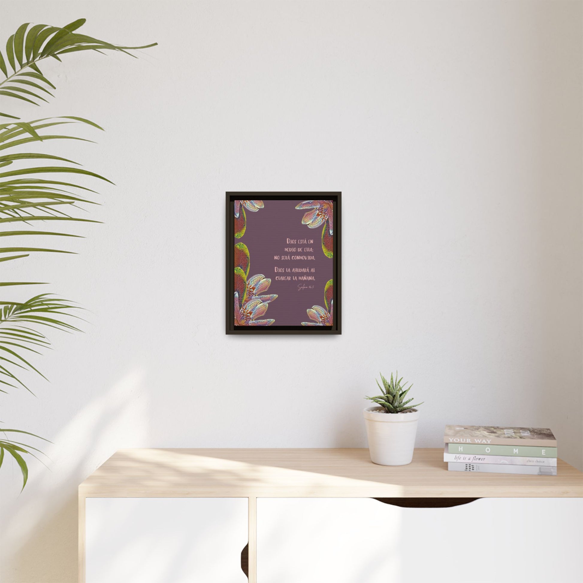 Framed Christian wall art with Spanish Scripture and floral design on modern home decor wall