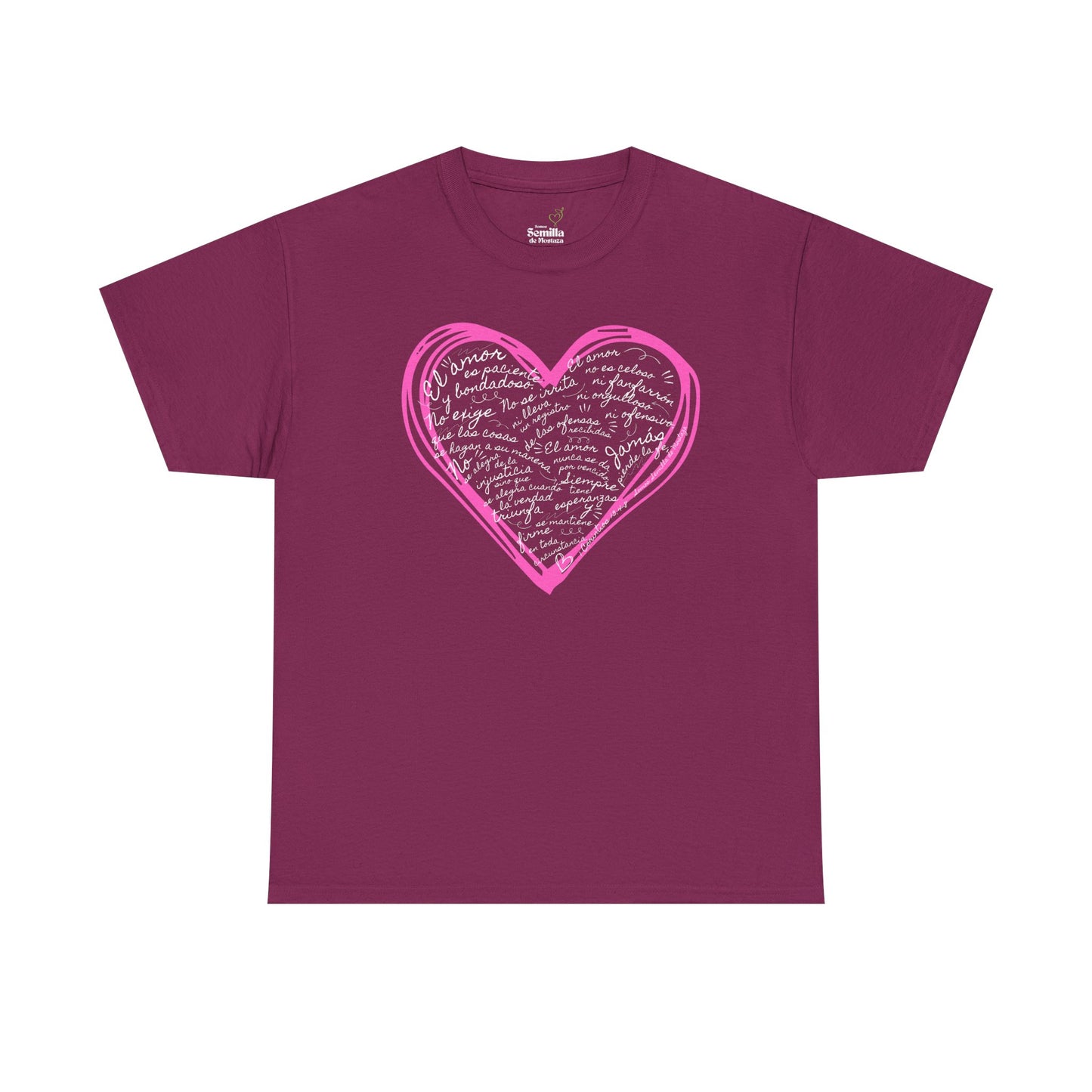 Camiseta Cristiana de Amor Bíblico Unisexo - Christian T-shirt Unisex - 1 Corinthians 13:4-7 Hand-Drawn Heart Design - Somos Semilla De Mostaza
