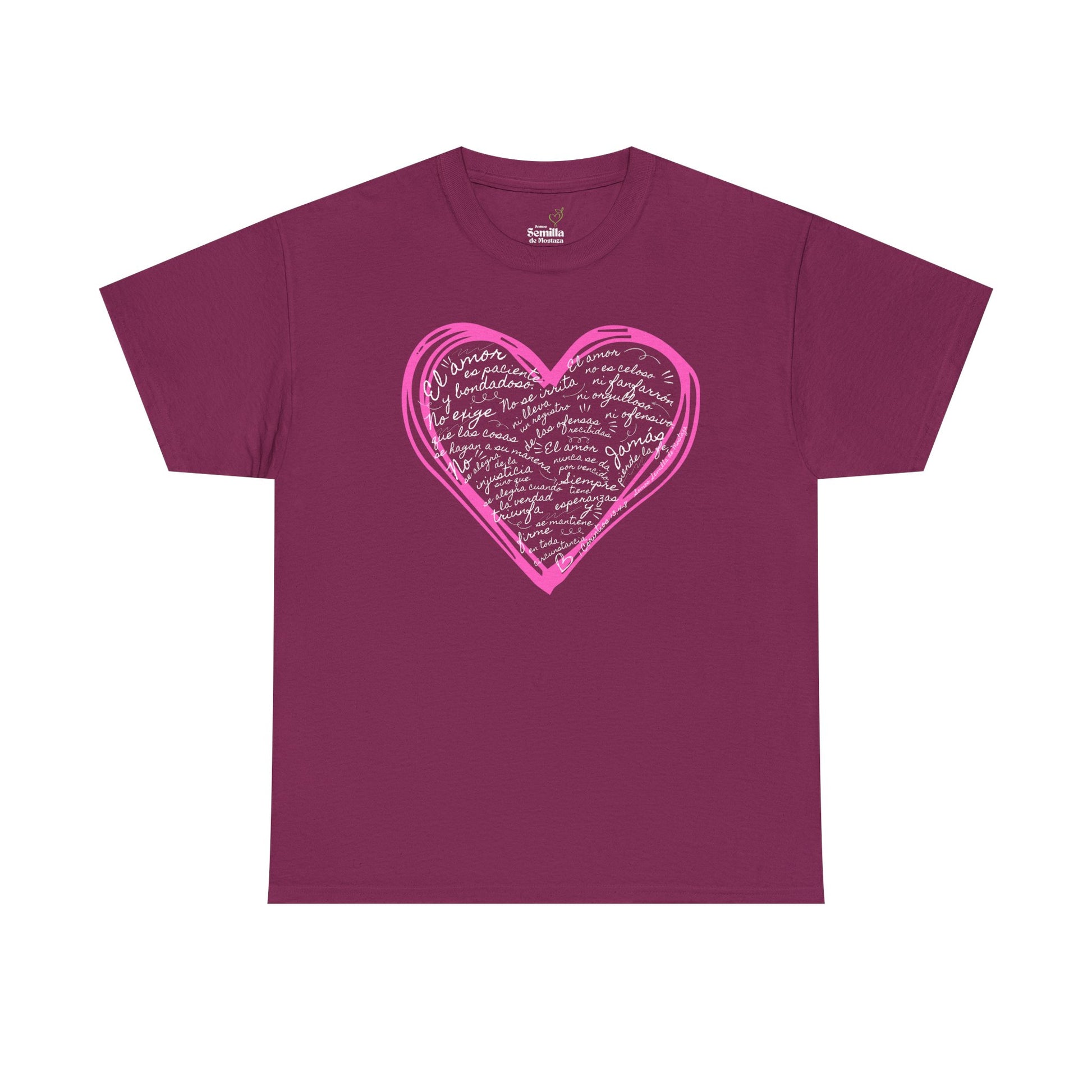Camiseta Cristiana de Amor Bíblico Unisexo - Christian T-shirt Unisex - 1 Corinthians 13:4-7 Hand-Drawn Heart Design - Somos Semilla De Mostaza