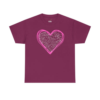 Camiseta Cristiana de Amor Bíblico Unisexo - Christian T-shirt Unisex - 1 Corinthians 13:4-7 Hand-Drawn Heart Design - Somos Semilla De Mostaza