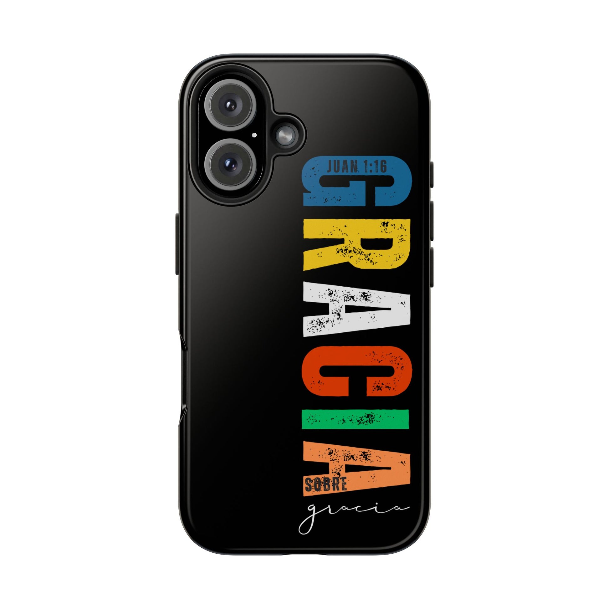 Black phone case with colorful Spanish Christian text, Juan 1:16 Bible verse design