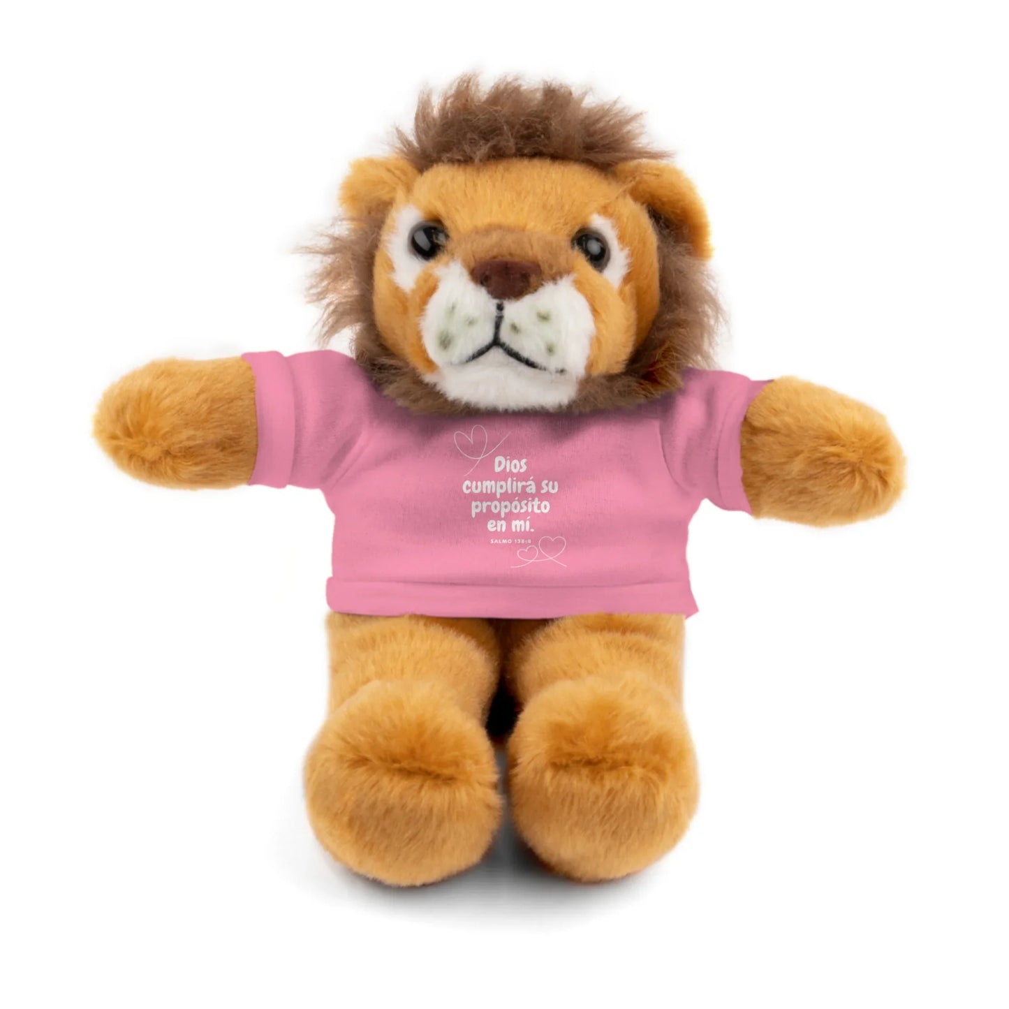 Plush lion toy wearing pink shirt with Spanish Christian message, inspirational gift