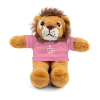 Plush lion toy wearing pink shirt with Spanish Christian message, inspirational gift