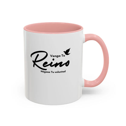 White ceramic mug with pink handle, Spanish Christian quote, dove graphic, modern faith gift