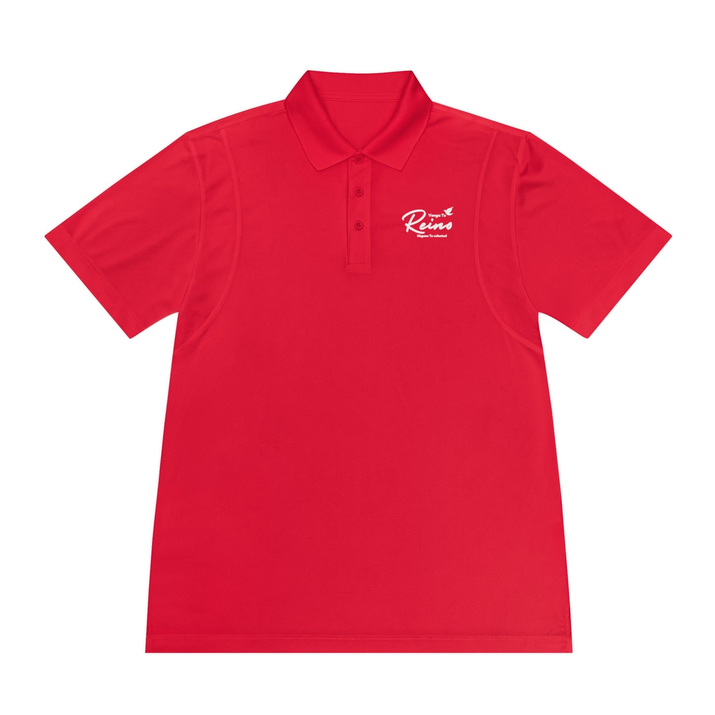 Red Christian polo shirt with inspirational text and dove graphic on chest