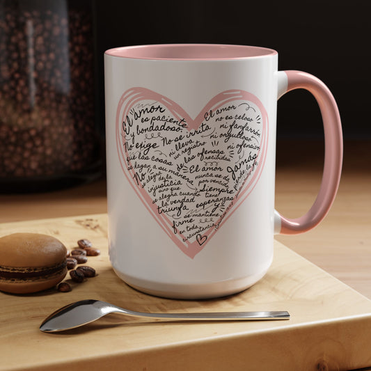 Taza Cristiana con Corazon Rosa - 1 Corintios 13:4-7 - Christian Mug with Bible Verse - Ceramic Accent Mug 11oz / 15oz BPA-Free - Somos Semilla De Mostaza