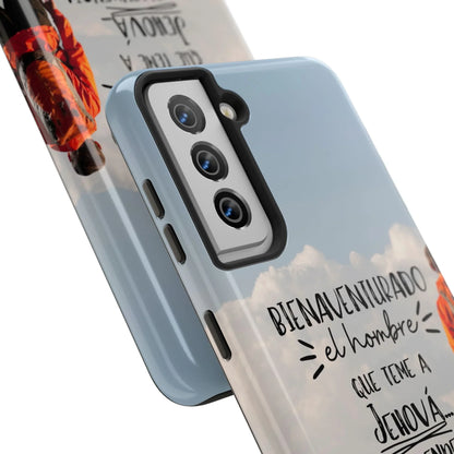 Christian phone case with Spanish Scripture, clouds, and person in red jacket