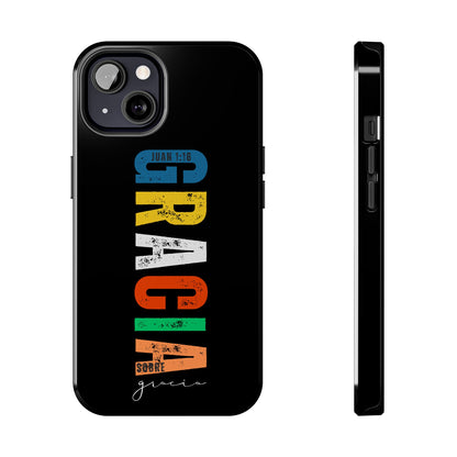Christian phone case with colorful 'Gracia sobre gracia' text and John 1:16 verse on black background