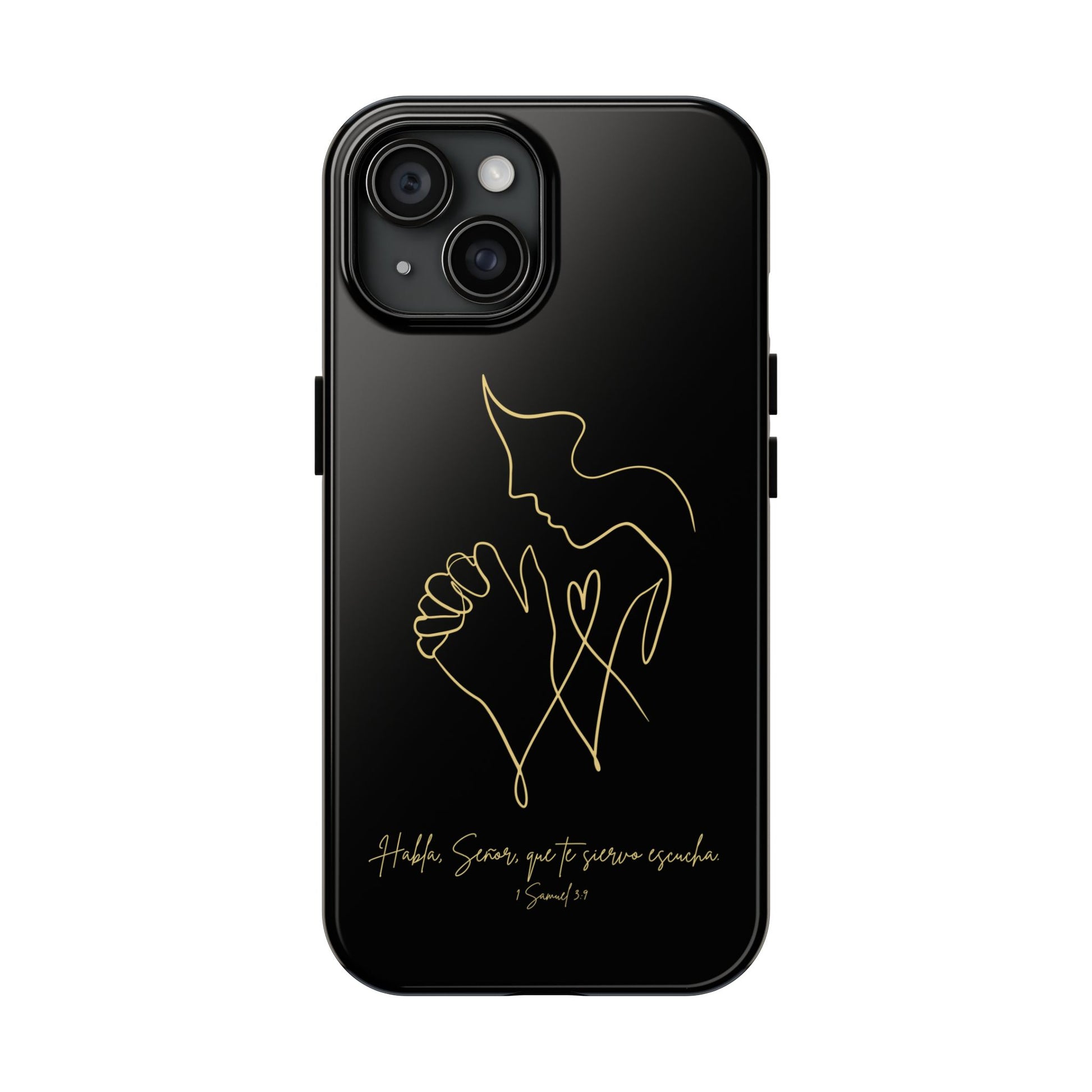 Black phone case with gold line art of praying hands and face, Bible verse in Spanish