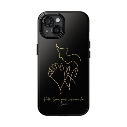 Black phone case with gold line art of praying hands and face, Bible verse in Spanish