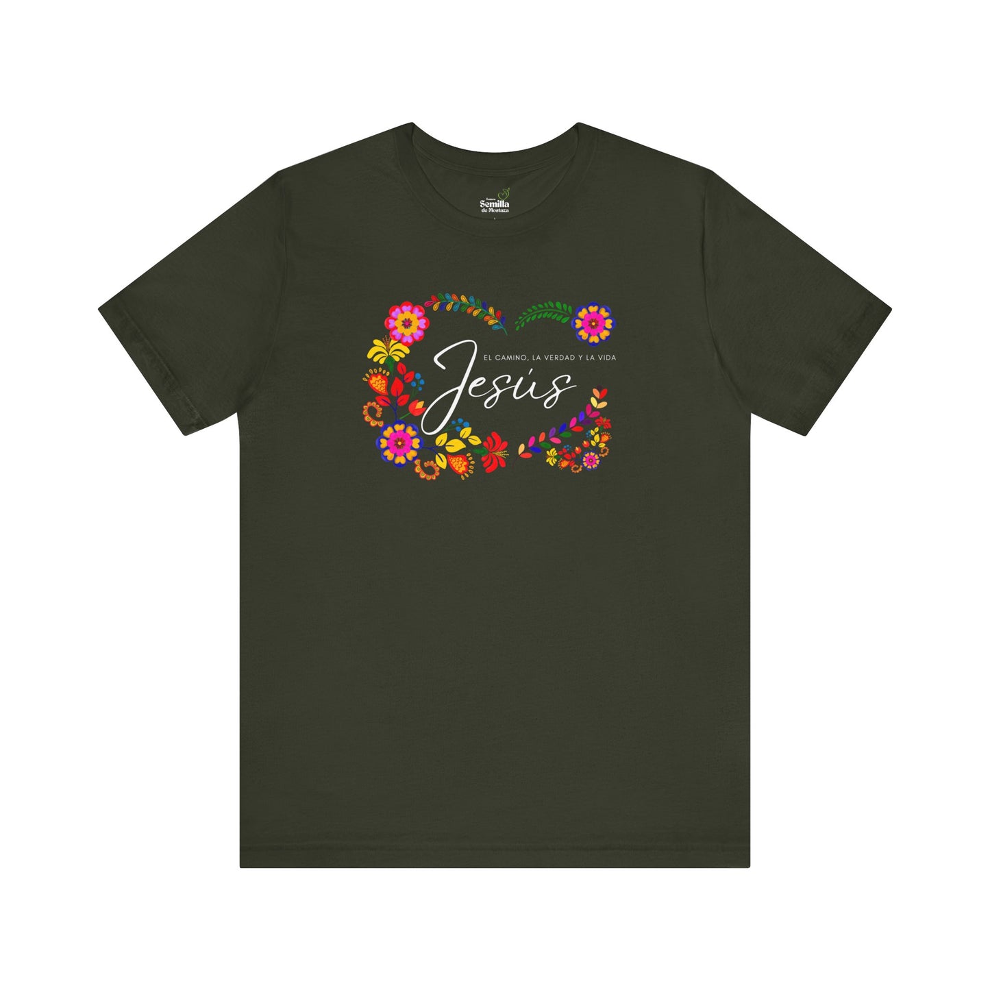 Dark green Christian t-shirt with colorful floral design and 'Jesús' faith message in Spanish