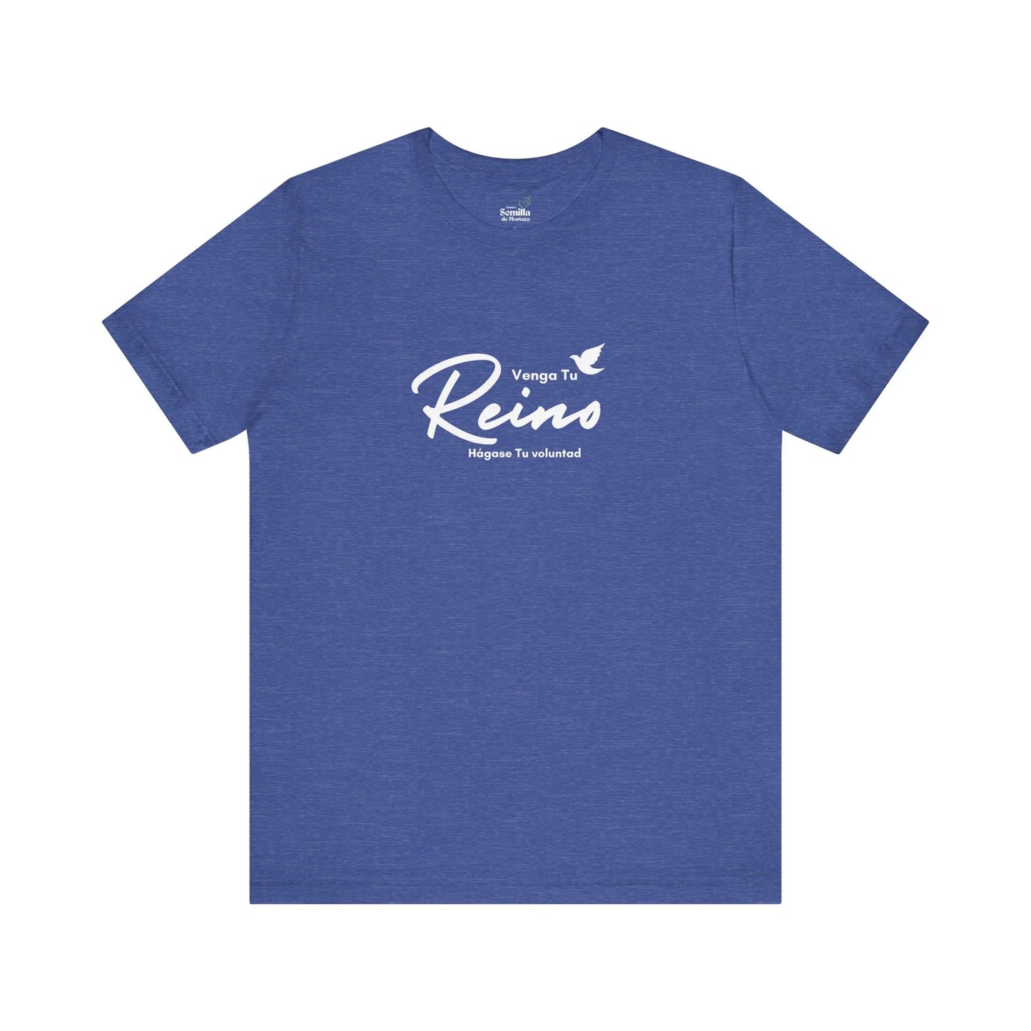 Blue Christian t-shirt with Spanish faith message 'Venga Tu Reino' and white dove graphic.