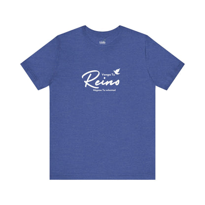 Blue Christian t-shirt with Spanish faith message 'Venga Tu Reino' and white dove graphic.