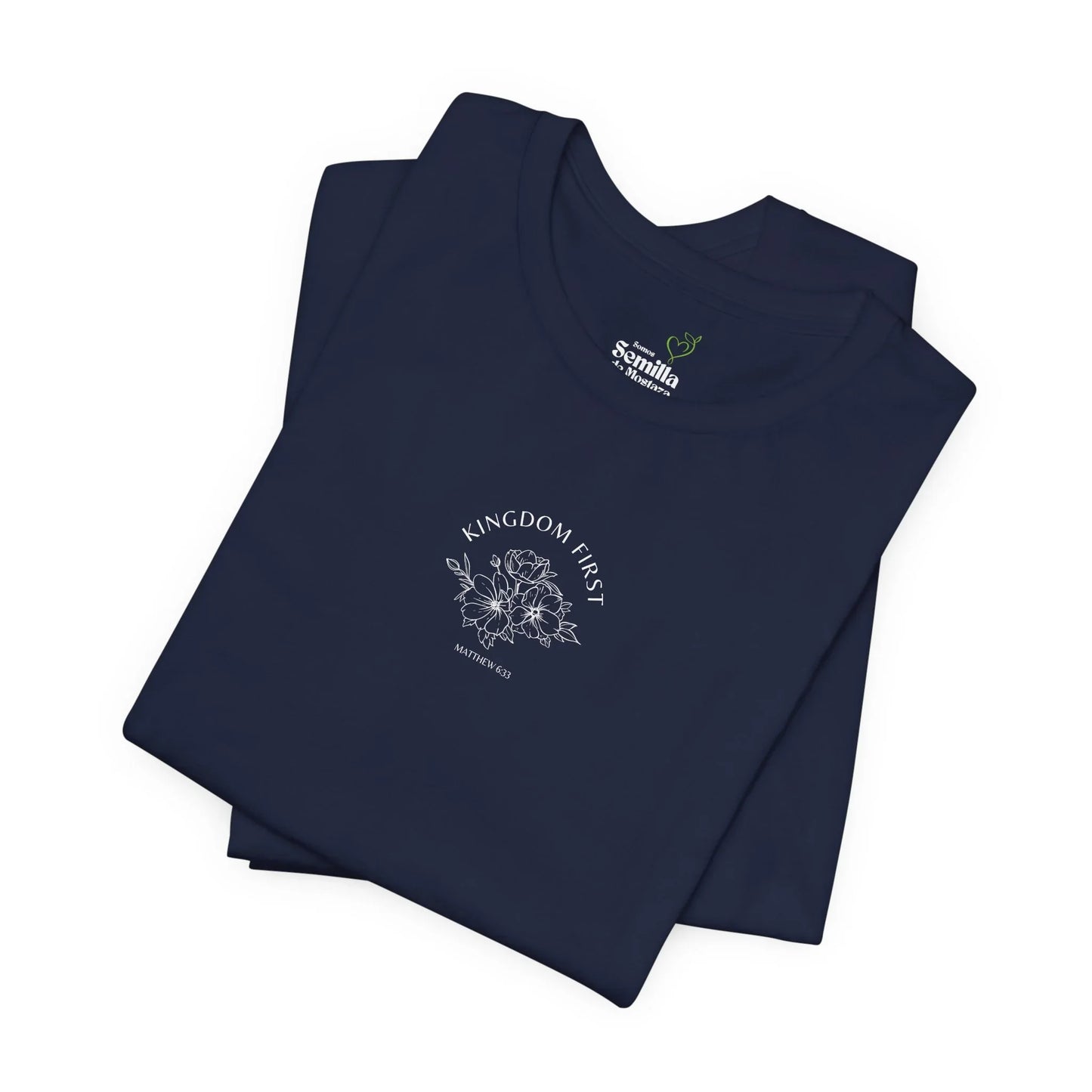 Navy Christian t-shirt with 'Kingdom First' floral design and Matthew 6:33 scripture.