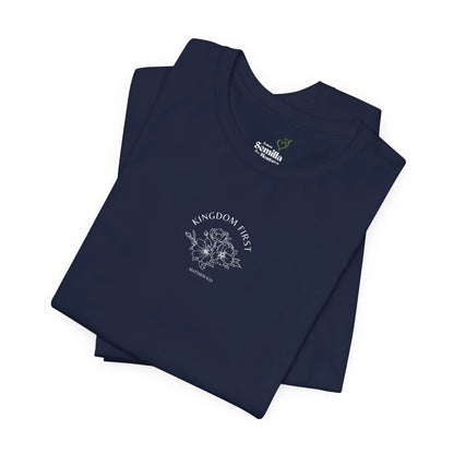 Navy Christian t-shirt with 'Kingdom First' floral design and Matthew 6:33 scripture.