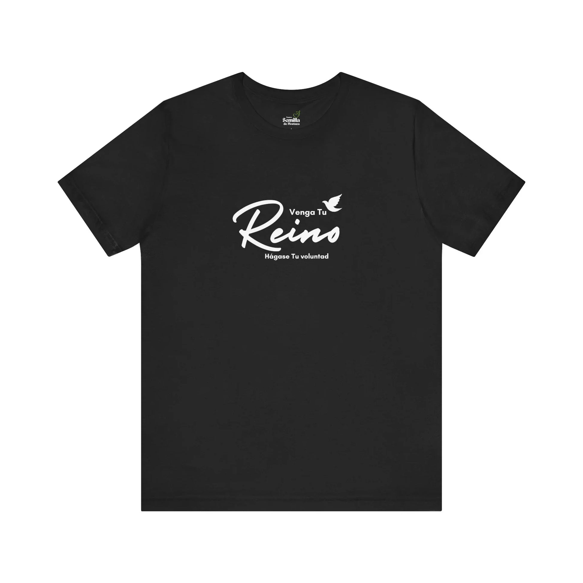 Black Christian t-shirt with Spanish text 'Venga Tu Reino' and a dove graphic.