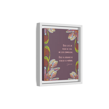 Framed Christian wall art with floral design and Spanish Bible verse on mauve background