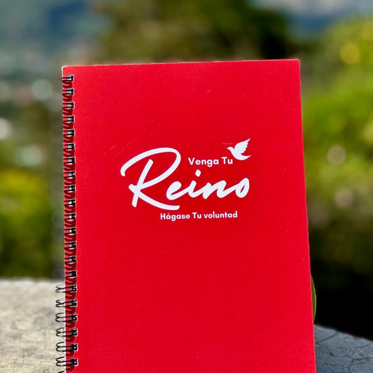 Red spiral Christian notebook with 'Venga Tu Reino Hágase Tu voluntad' and a white dove on cover